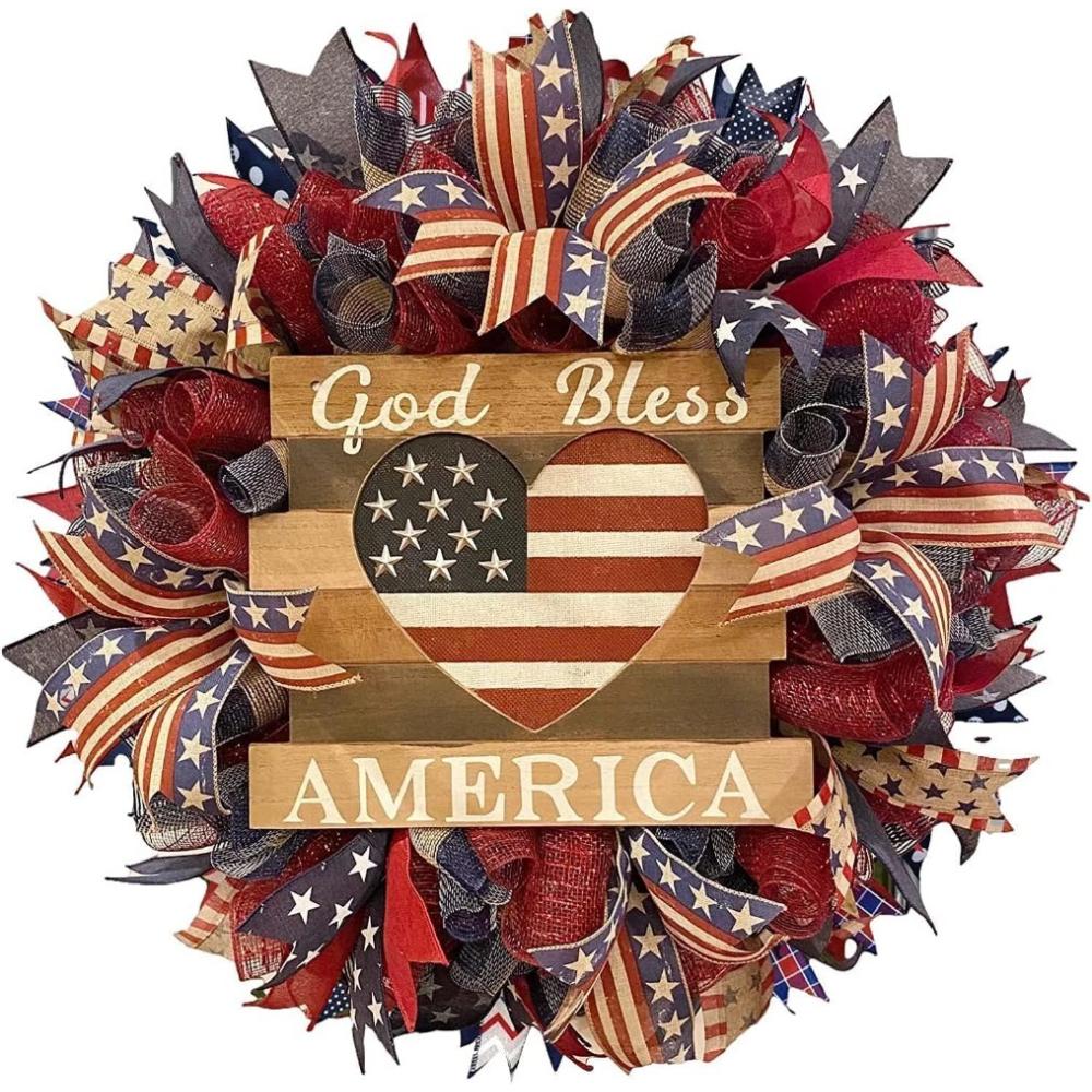 Patriotic 4th of July wreath with American flag burlap design in red white and blue for front door farmhouse decor