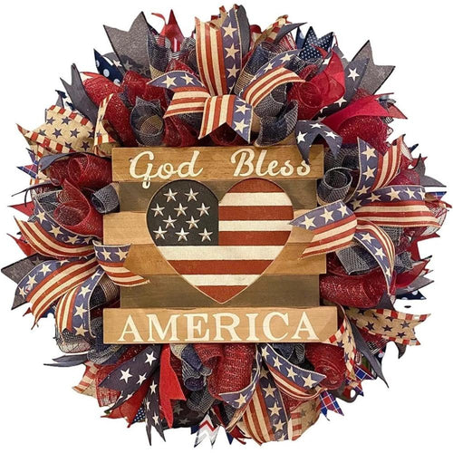 Patriotic 4th of July wreath with American flag burlap design in red white and blue for front door farmhouse decor