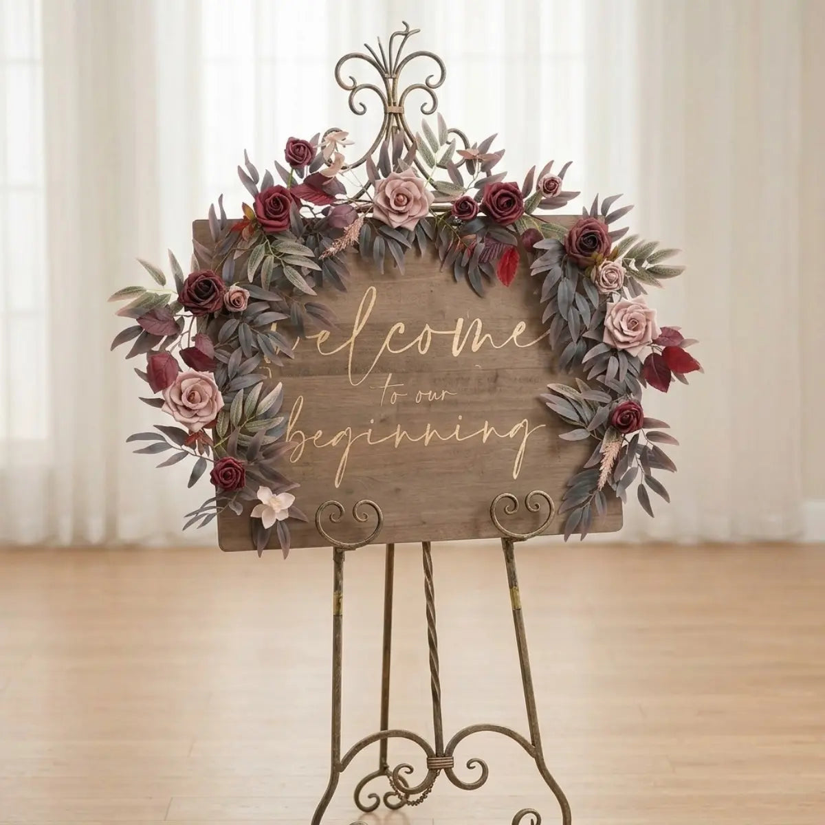 Black Maroon Artificial Rose Eucalyptus Garland Decorating a Wedding Welcome Sign Stand
