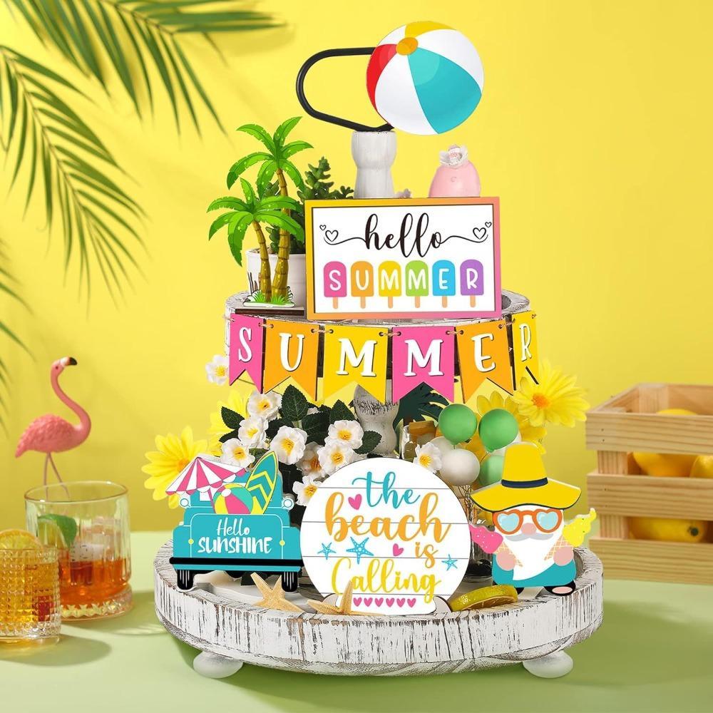 Hello Summer Hawaii Beach Gnome Wood Sign | Farmhouse Rustic Decor for Kitchen Shelf Tiered Tray & Home