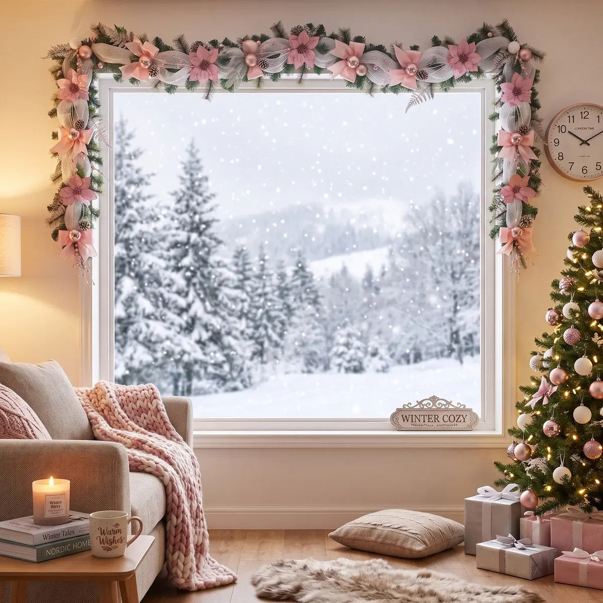 5.9FT pink Christmas garland with poinsettia blooms, mesh bows and pine cones, draped around a large living room window overlooking a snowy winter forest, styled with a cozy armchair, knit throw and lit Christmas tree
