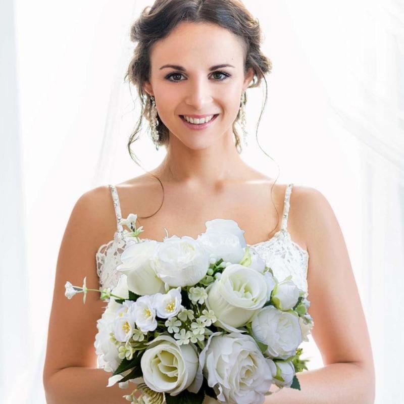 Artificial Rose Bridal Bridesmaid Bouquet | Wedding Church Valentine's Day in Champagne White