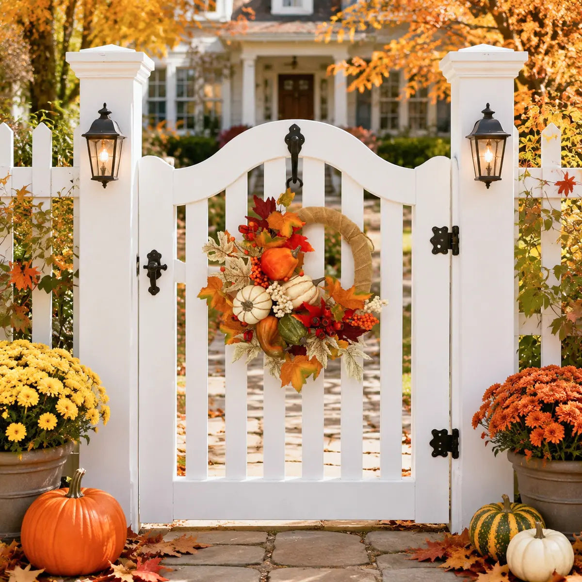 Fall harvest wreath with pumpkins, berries and autumn leaves displayed on a white garden gate with lanterns and fall foliage