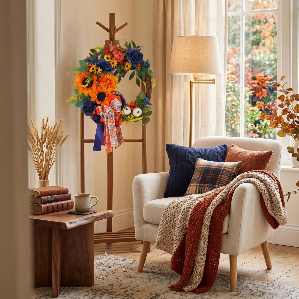 15.7'' harvest fall wreath with sunflowers and orange ribbon styled on a floor stand in an autumn home setting
