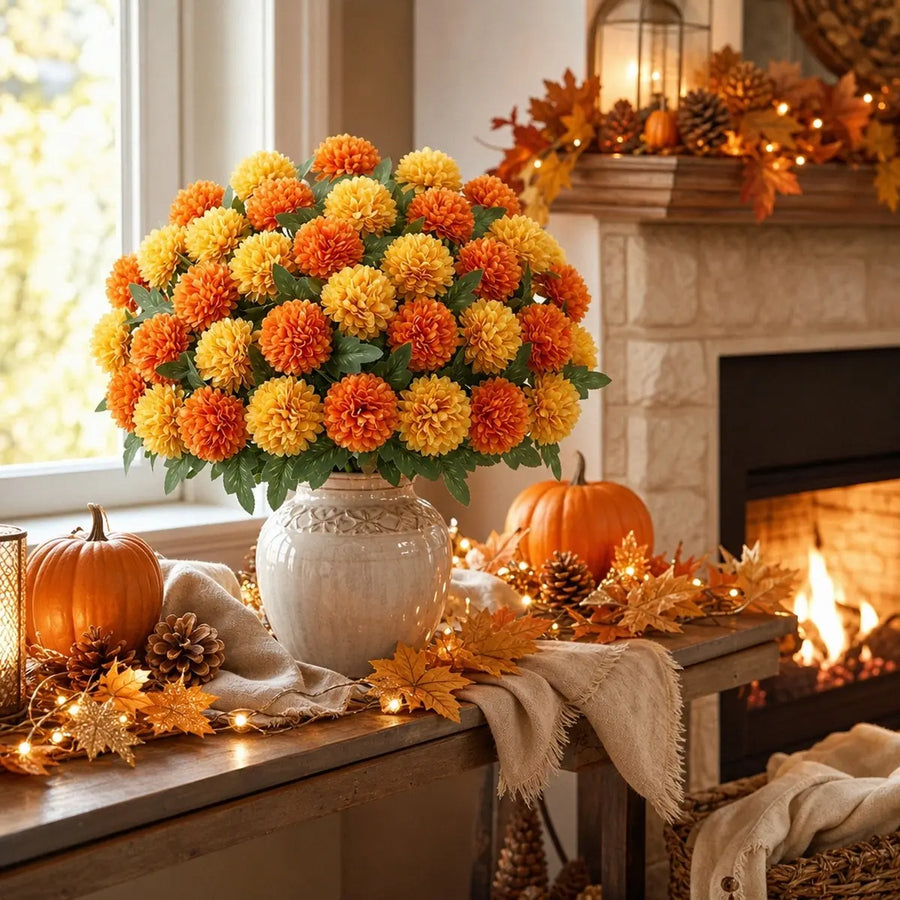 Artificial Orange & Yellow Mum Ball Flower Stems – 12-Piece Bouquet