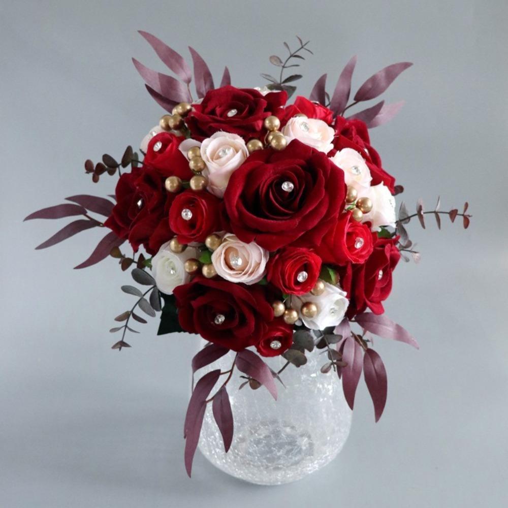Rose Wedding Bouquet for Bride & Bridesmaid | Wedding Ceremony Prom & Party Decoration in White Red Orange Blue