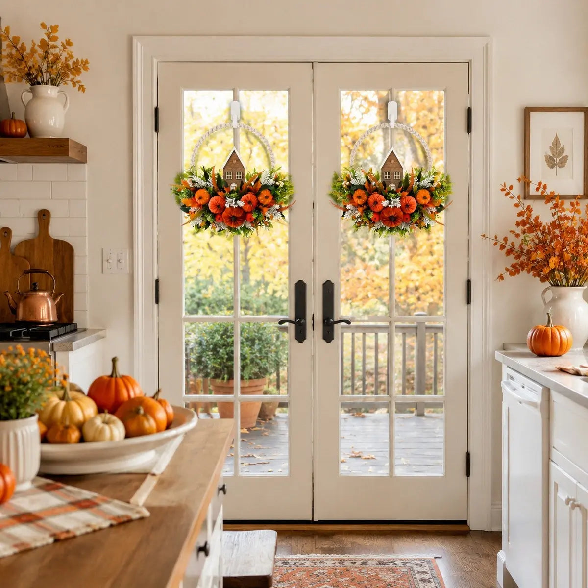Autumn pumpkin fall wreath with berries displayed on double white French doors in a farmhouse kitchen with seasonal decor