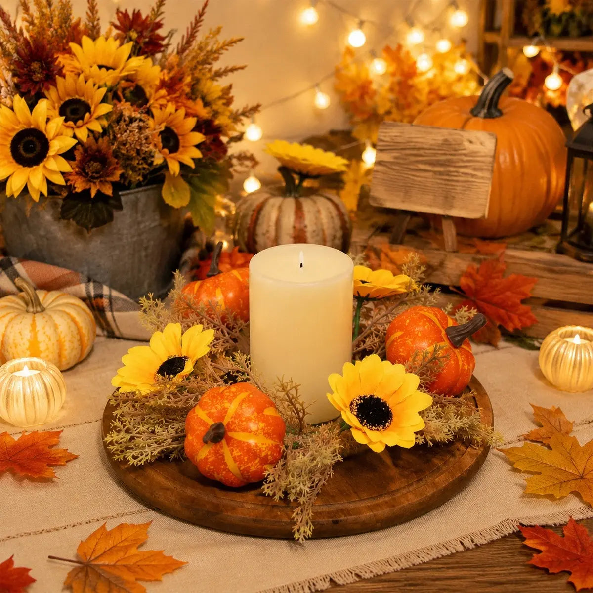 4 Pack Artificial Fall Candle Ring Wreath, 9.84 Inch Mini Autumn Candle Holder Wreath with Orange Pumpkins, Sunflowers and Foliage, Small Table Centerpiece Ring for Farmhouse Kitchen, Thanksgiving Harvest and Farmhouse Indoor Tabletop Decor