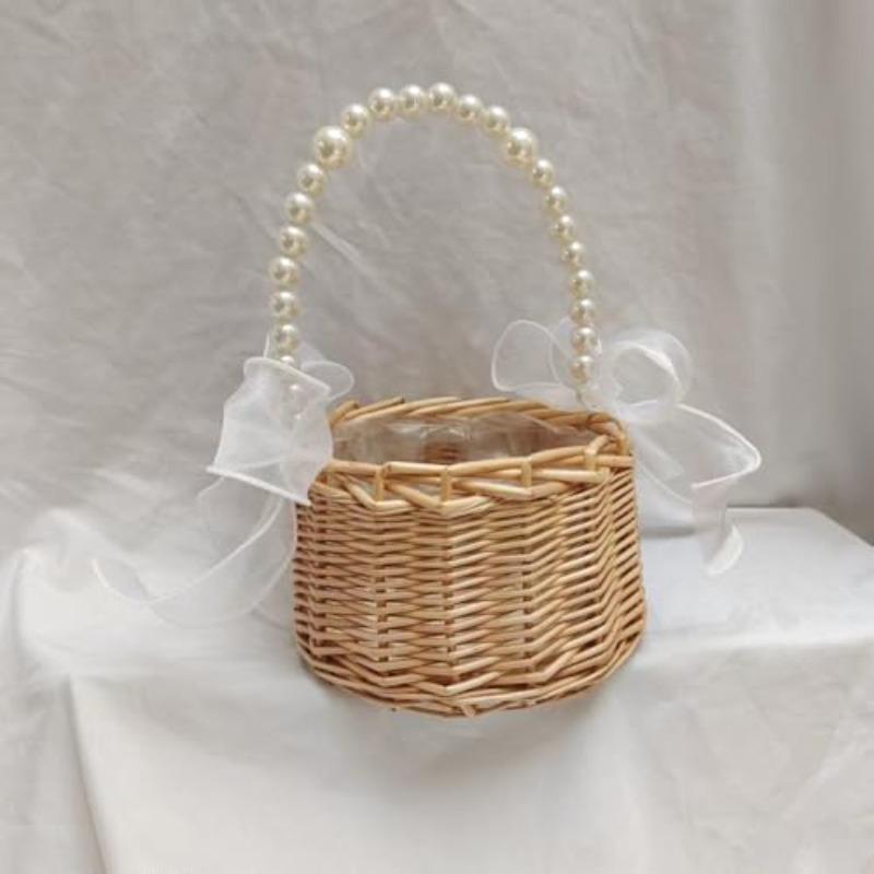 Wicker Wedding Flower Girl Basket with Pearl Handle & Ribbon Bow | Rustic Boho Handwoven Satin Ceremony & Picnic Basket