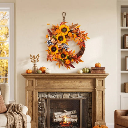 Sunflower fall wreath with orange autumn leaves displayed above a fireplace mantel for Thanksgiving farmhouse home decor
