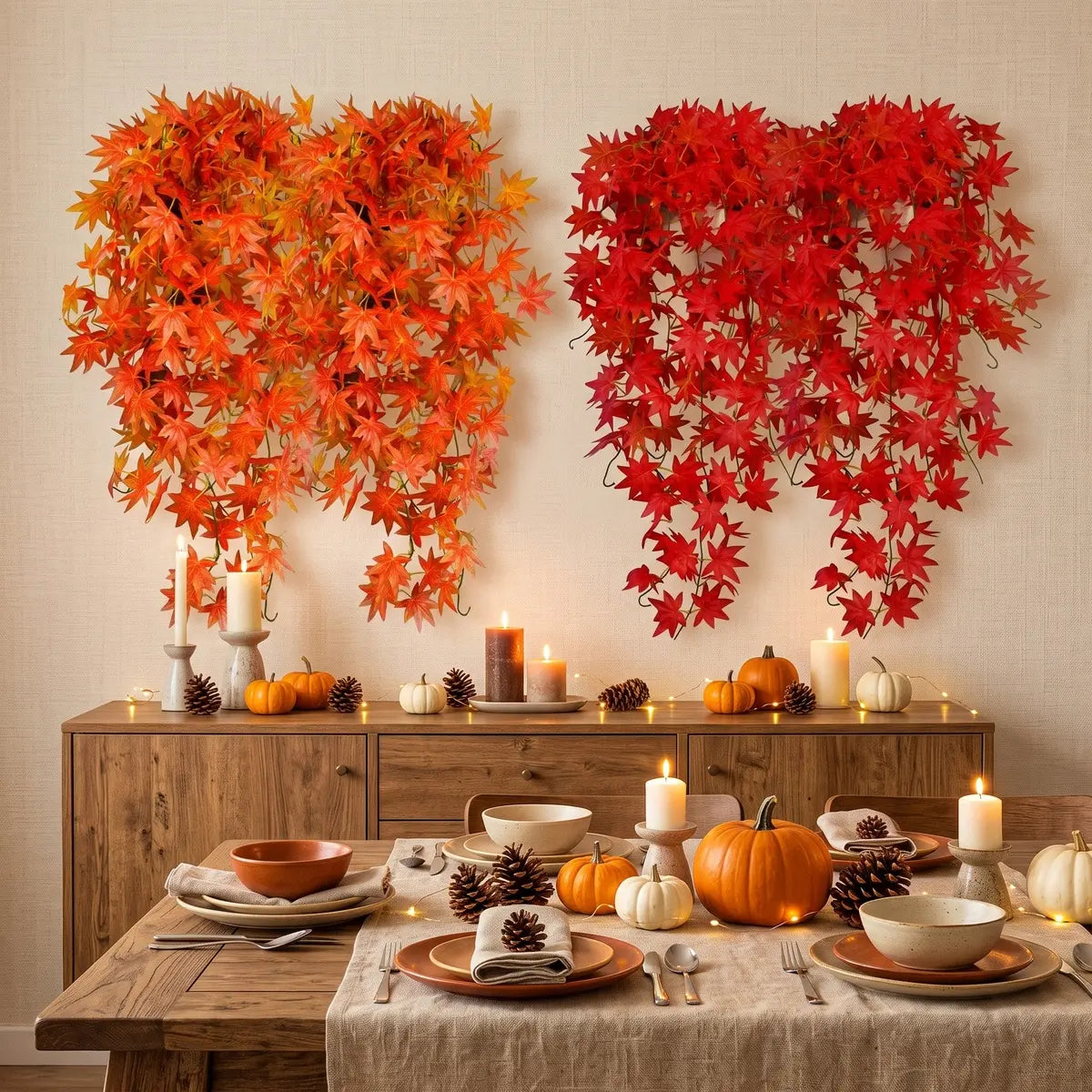 Orange and red faux maple leaf garlands on dining room wall above Thanksgiving table setting with pumpkins and candles