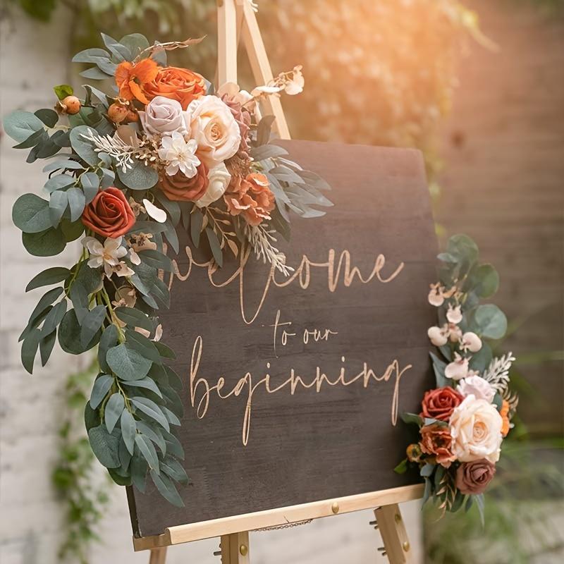 Boho Wedding Arch Flowers Kit with Rose Eucalyptus Garland & Drapes | Wedding Ceremony Backdrop & Welcome Sign Decor in Gold White Blue Red Pink Purple