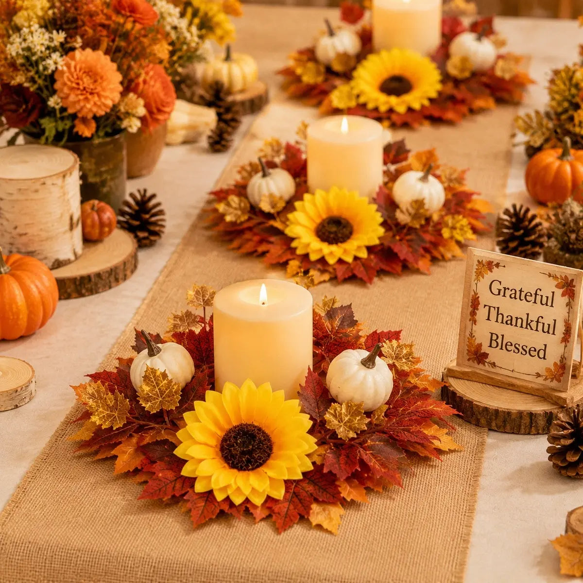 Fall candle ring wreaths with large sunflowers, white mini pumpkins and gradient maple leaves arranged around pillar candles on a rustic farmhouse table