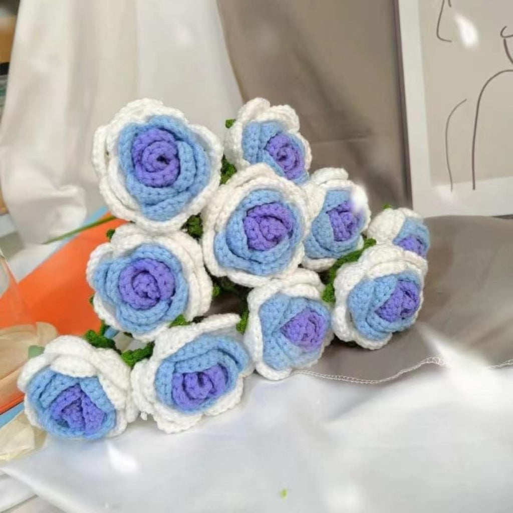 Handmade Crochet Rose Bouquet Set of 6 | Cotton Flower Gift for Valentine's Day Birthday Home Decor in Purple Pink Blue