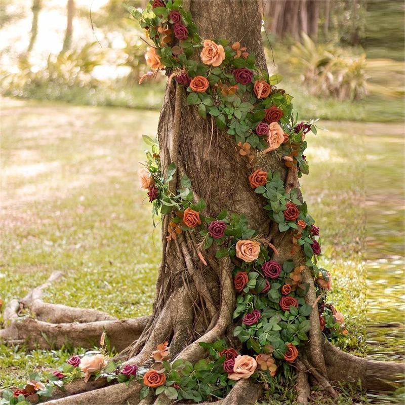 5FT Artificial Rose Flower Runner Rustic Garland | Wedding Table Ceremony Arch Boho & Party Decor in Orange