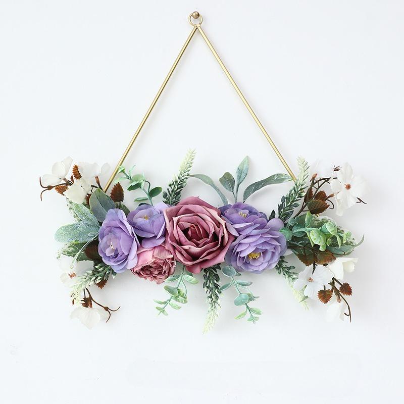 Iron Rose Wreath Simulation Flower Wall Hanging Basket | Home Door Entryway Wedding Decor in Pink White