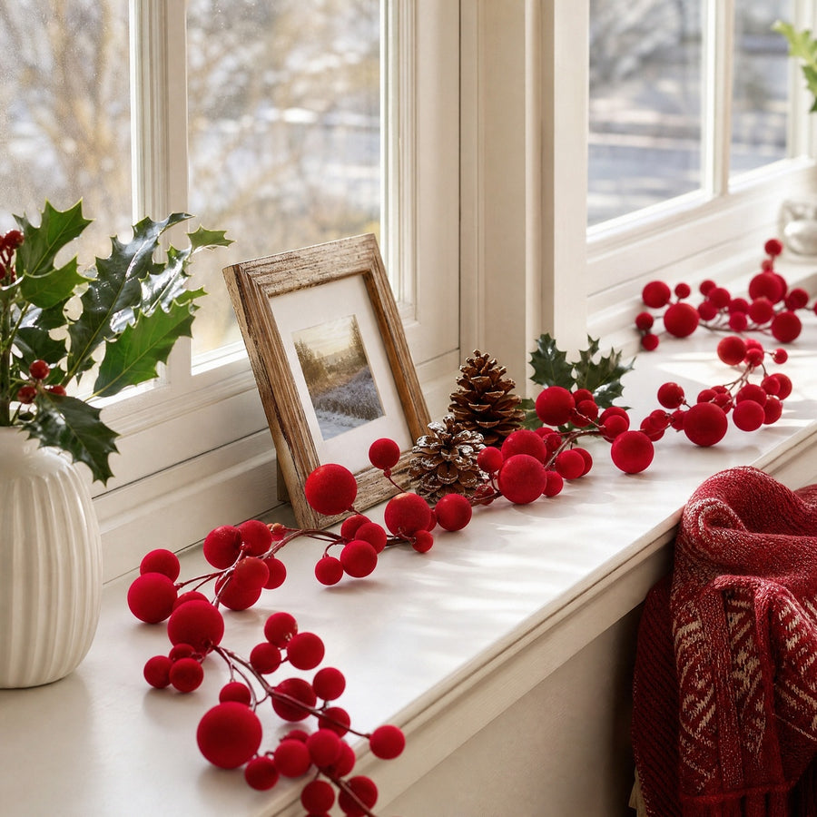 6 Ft Burgundy Red Velvet Ball Garland with Vintage Beads