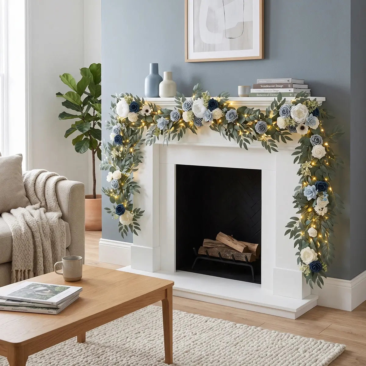 Artificial dusty blue white rose eucalyptus garland with LED lights draped diagonally on wood easel welcome sign in bright wedding venue – IPOPU