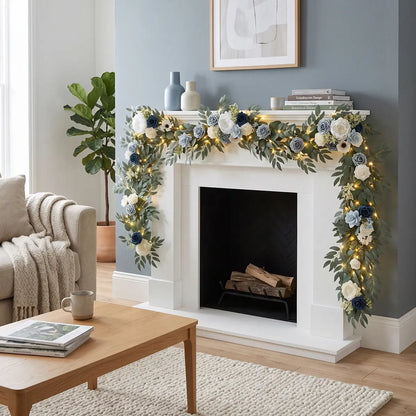 Artificial dusty blue white rose eucalyptus garland with LED lights draped diagonally on wood easel welcome sign in bright wedding venue – IPOPU
