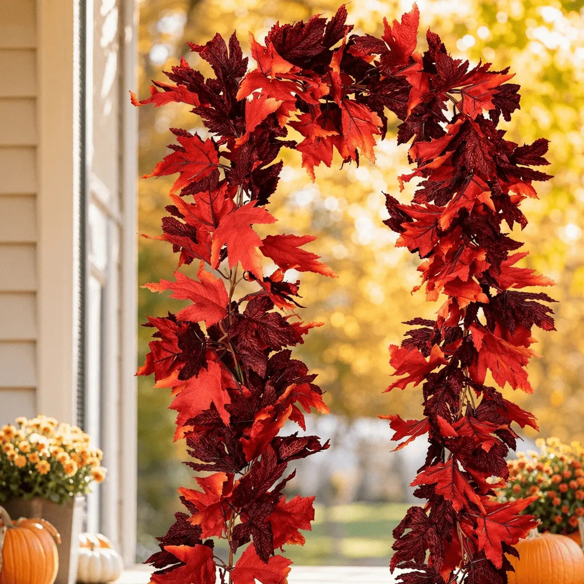Artificial Fall Maple Leaf Garland | Autumn Vine Fake Foliage for Thanksgiving Halloween Home Decor