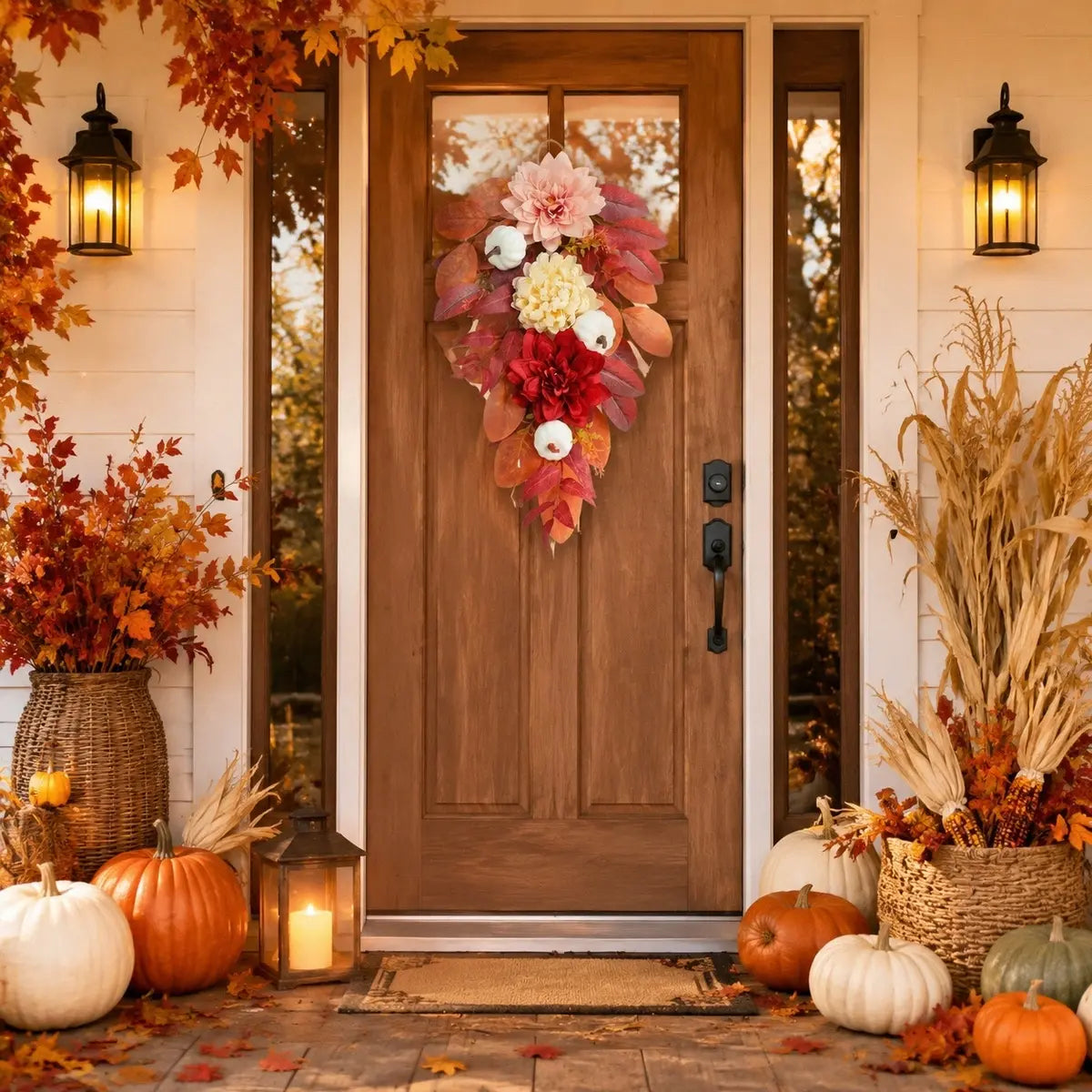 Autumn teardrop swag with white pumpkins, pink chrysanthemums and burgundy roses displayed on a front door for harvest home decor
