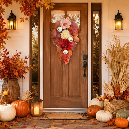 Autumn teardrop swag with white pumpkins, pink chrysanthemums and burgundy roses displayed on a front door for harvest home decor

