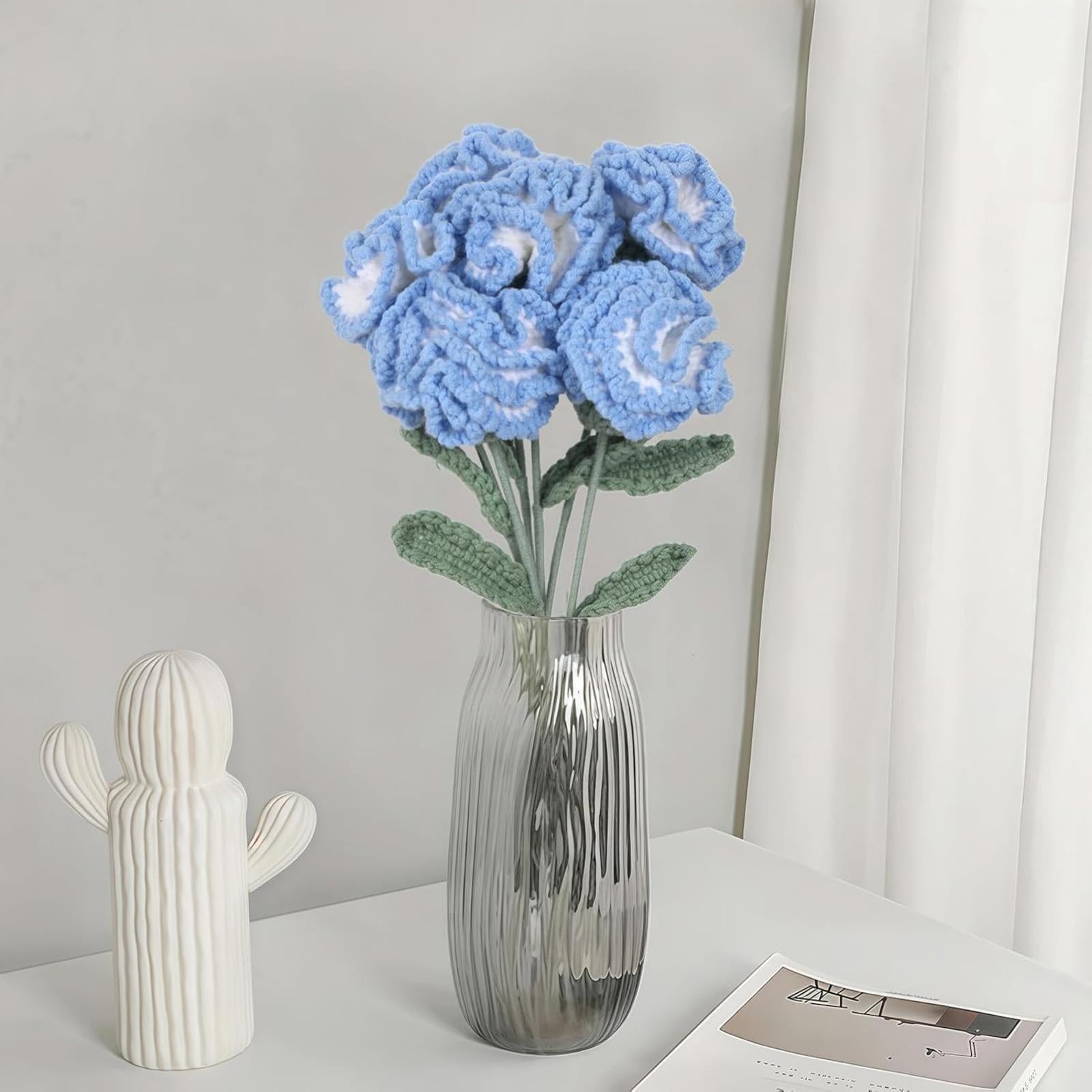 Handmade Crochet Carnation Flowers 6pcs 16.9 inch Bendable Stem | Vase Table Home Decor & Gift in Red Pink White Blue Peach Pink