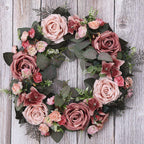 Artificial Rose Ring Wreath | Front Door Summer Floral Wedding Living Room Bedroom Farmhouse & Party Decor in White Pink Champagne