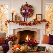 Purple Rose Mixed Fall Wreath with Maple Leaves & Ribbon