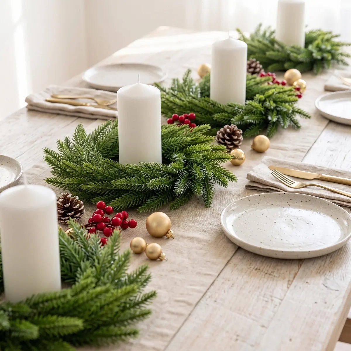 Artificial Norfolk pine candle ring wreath with white pillar candle, gold ball ornaments, red berries and pine cone, styled on a rustic white wood farmhouse dining table with gold cutlery
