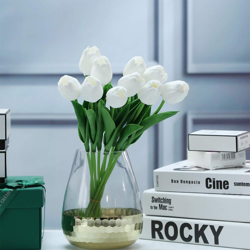 24PCS White Tulips Artificial Flowers Real Touch Tulips Flowers White Tulips Flowers for Home Table Decoration Wedding Bouquet Party Baby Shower Centerpieces Bridal Bouquet Decor