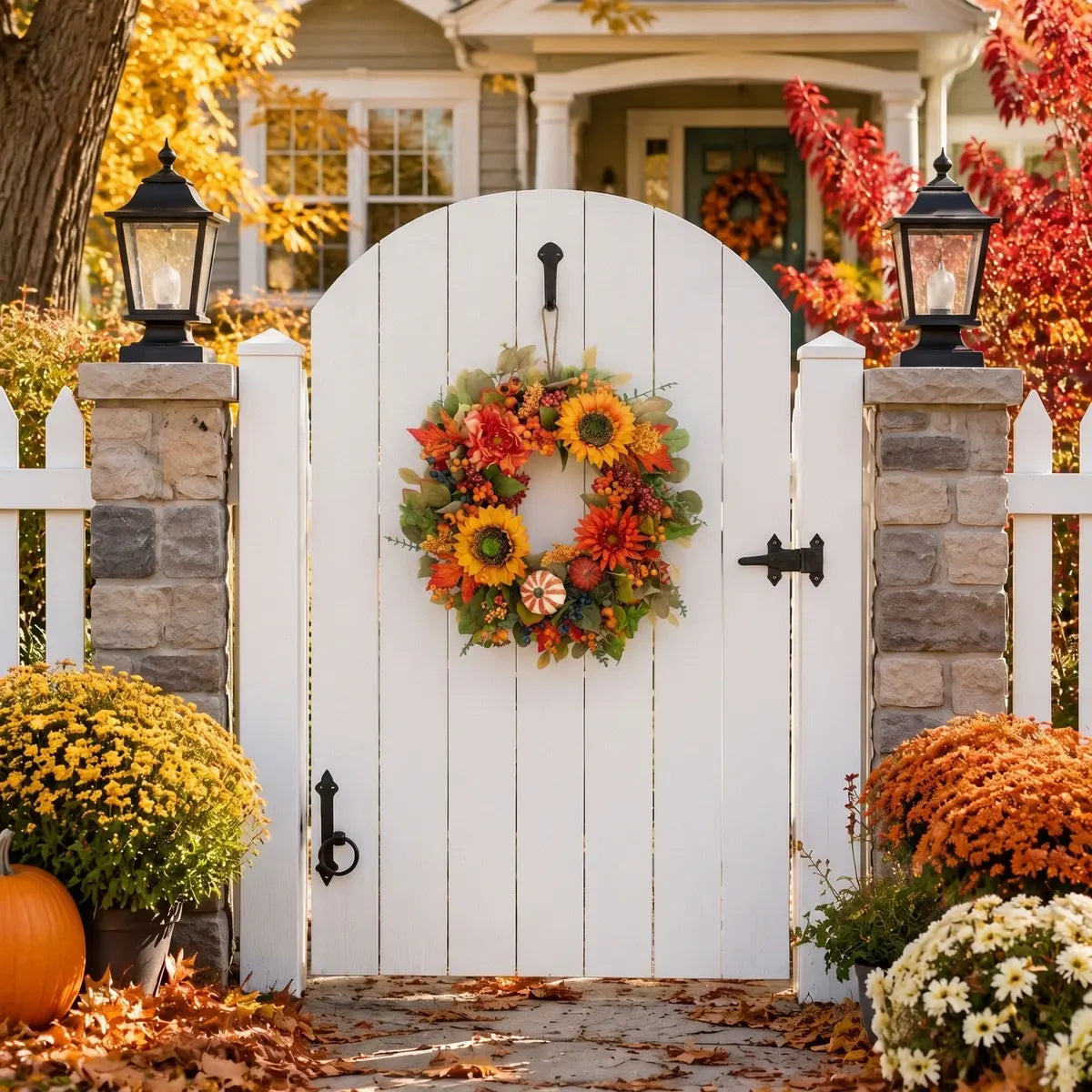 Fall harvest wreath with pumpkins and dahlia flowers displayed on a white front door arch with seasonal porch decor