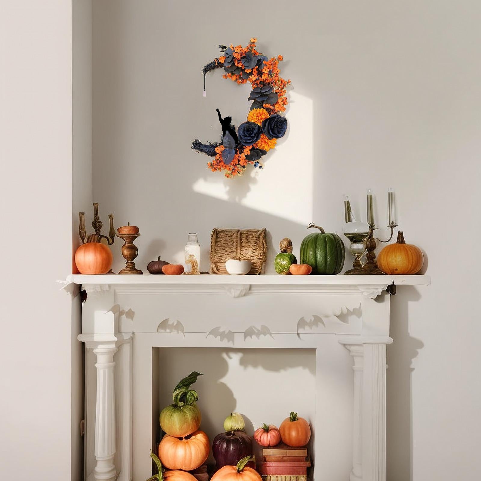 Halloween bat black branch glowing wreath styled for faux floral round by IPOPU