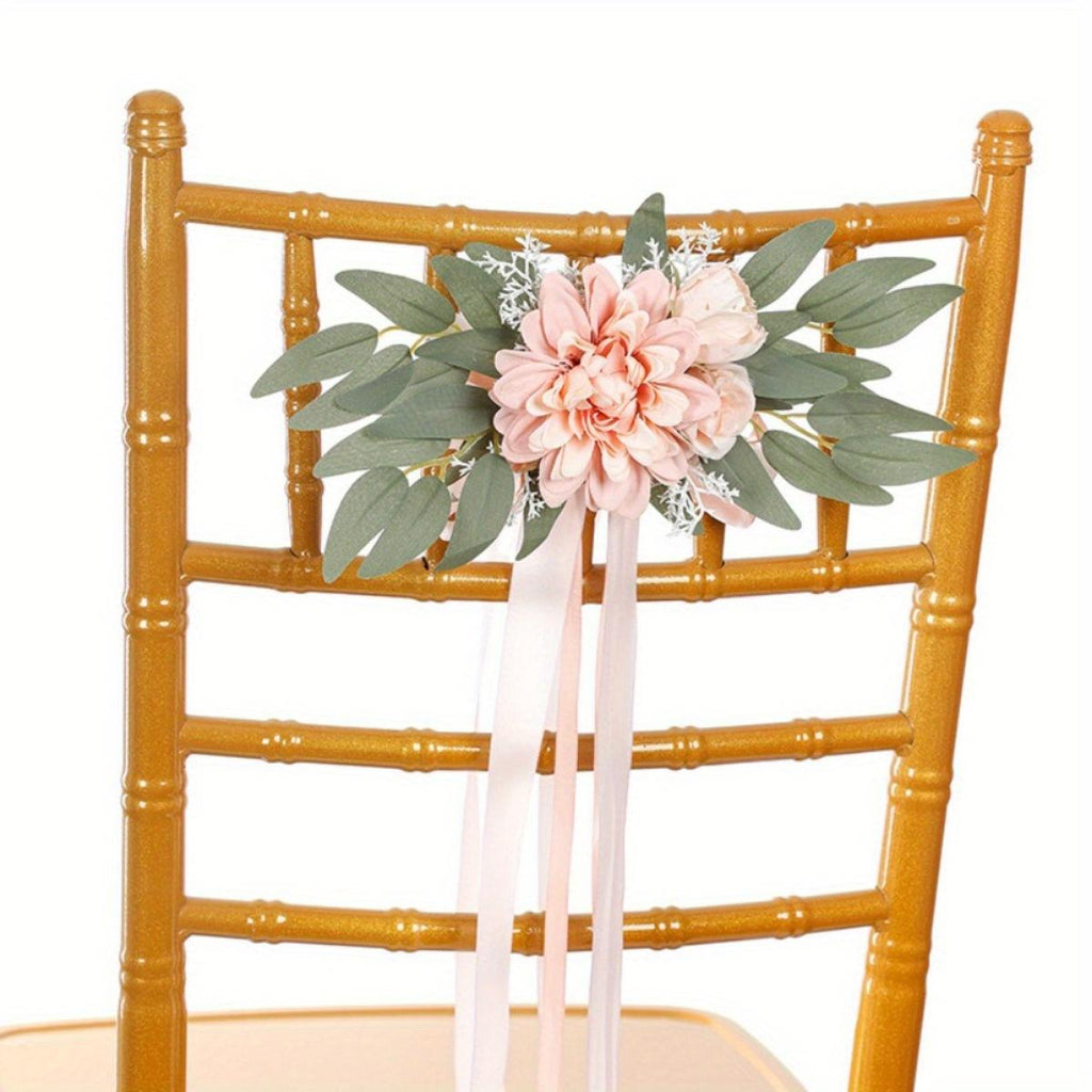Artificial Rose Chair Decor 4pcs with Eucalyptus & Ribbons | Wedding Ceremony Aisle & Engagement Party Decoration in White Blue Pink Light Pink