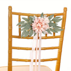 Artificial Rose Chair Decor 4pcs with Eucalyptus & Ribbons | Wedding Ceremony Aisle & Engagement Party Decoration in White Blue Pink Light Pink
