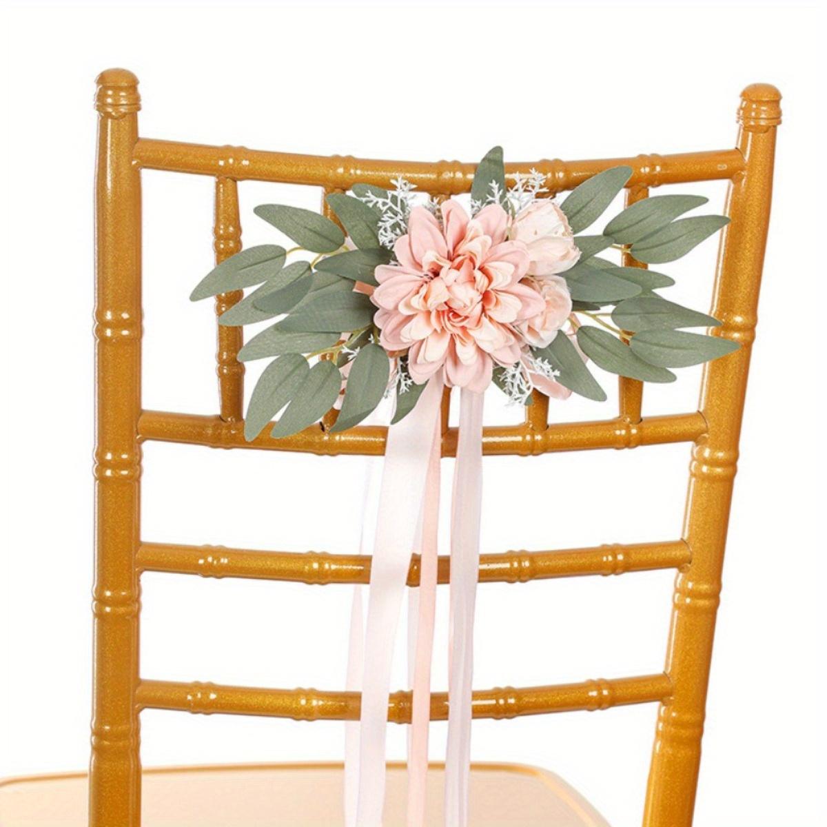 Artificial Rose Chair Decor 4pcs with Eucalyptus & Ribbons | Wedding Ceremony Aisle & Engagement Party Decoration in White Blue Pink Light Pink