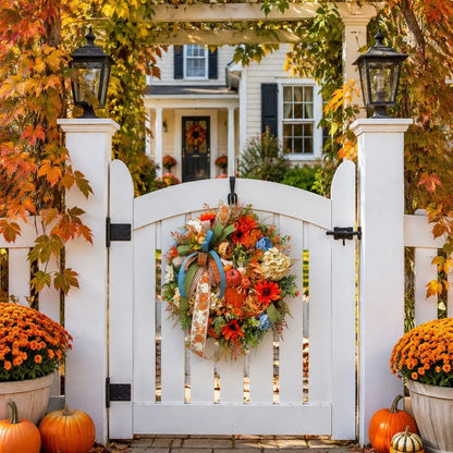 Fall wreath with colorful hydrangeas displayed on a white garden gate with autumn foliage