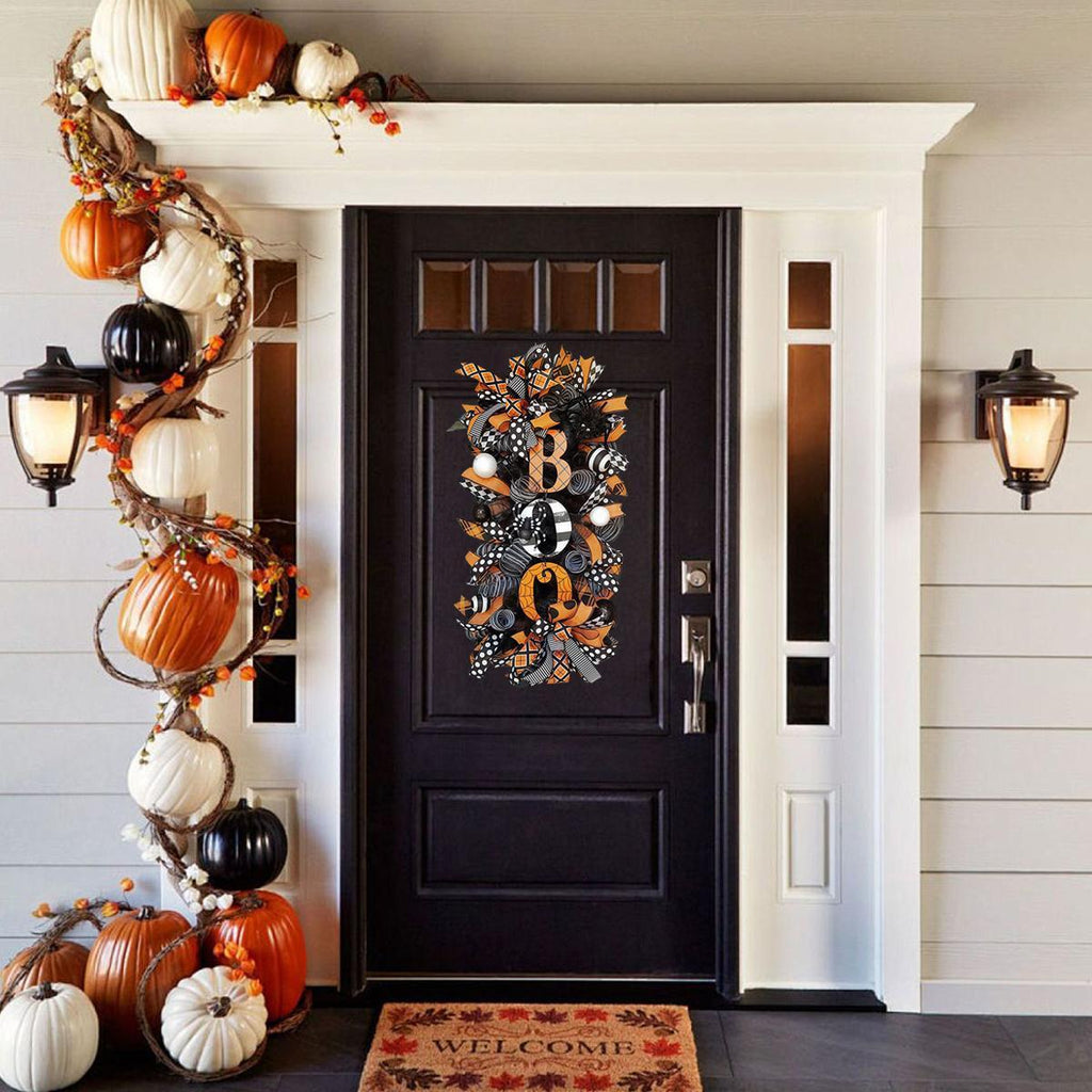 Detail of halloween wreath for front door for black white pumpkin by IPOPU