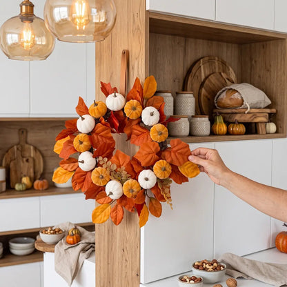 Close-up of artificial fall wreath with orange pumpkins, white flowers and maple leaves for Thanksgiving front door decor
