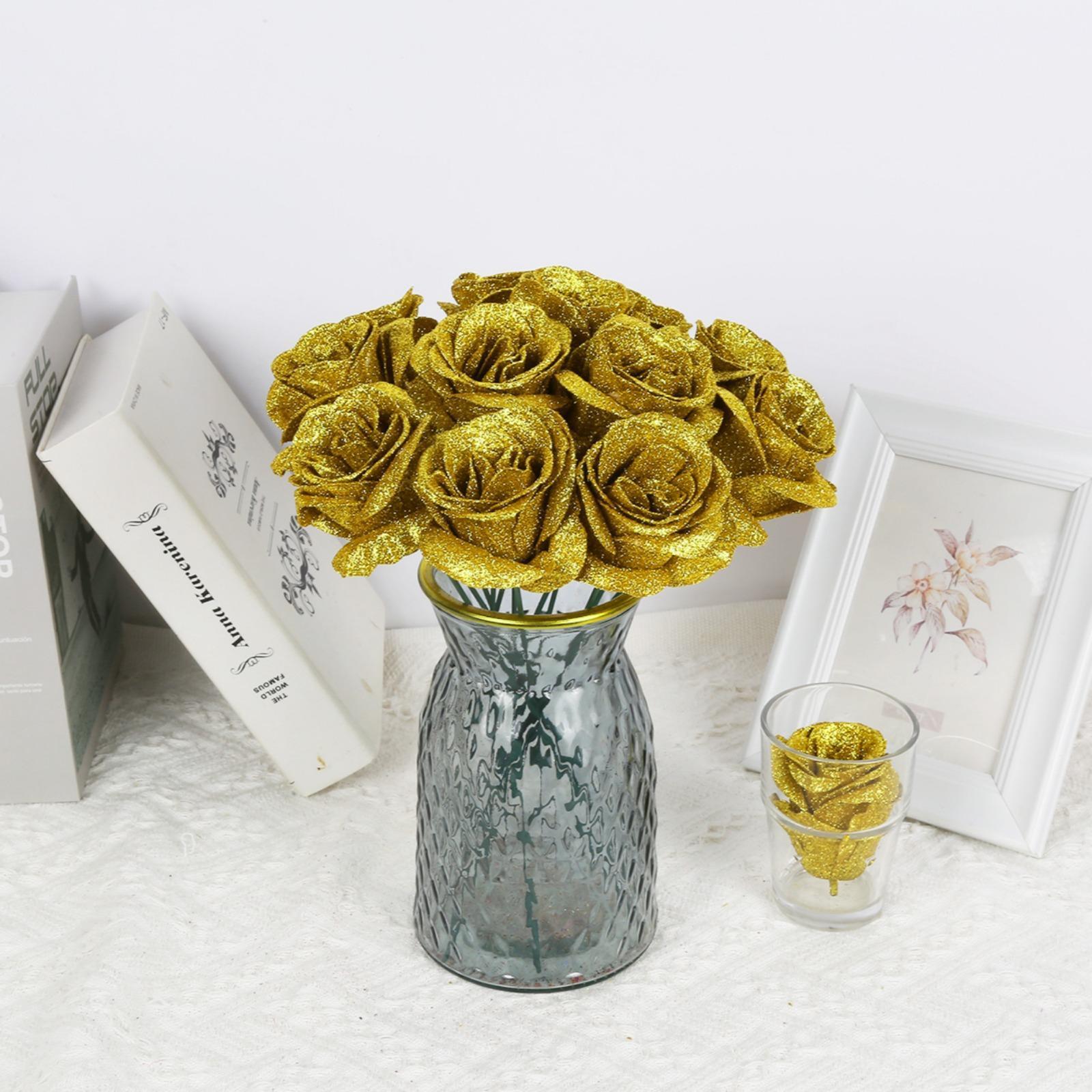 Glitter Rose Bouquet with Stems 30pcs | DIY Wedding Valentine's Day Party & Home Decor in Gold Silver Pink Purple 7 Colors
