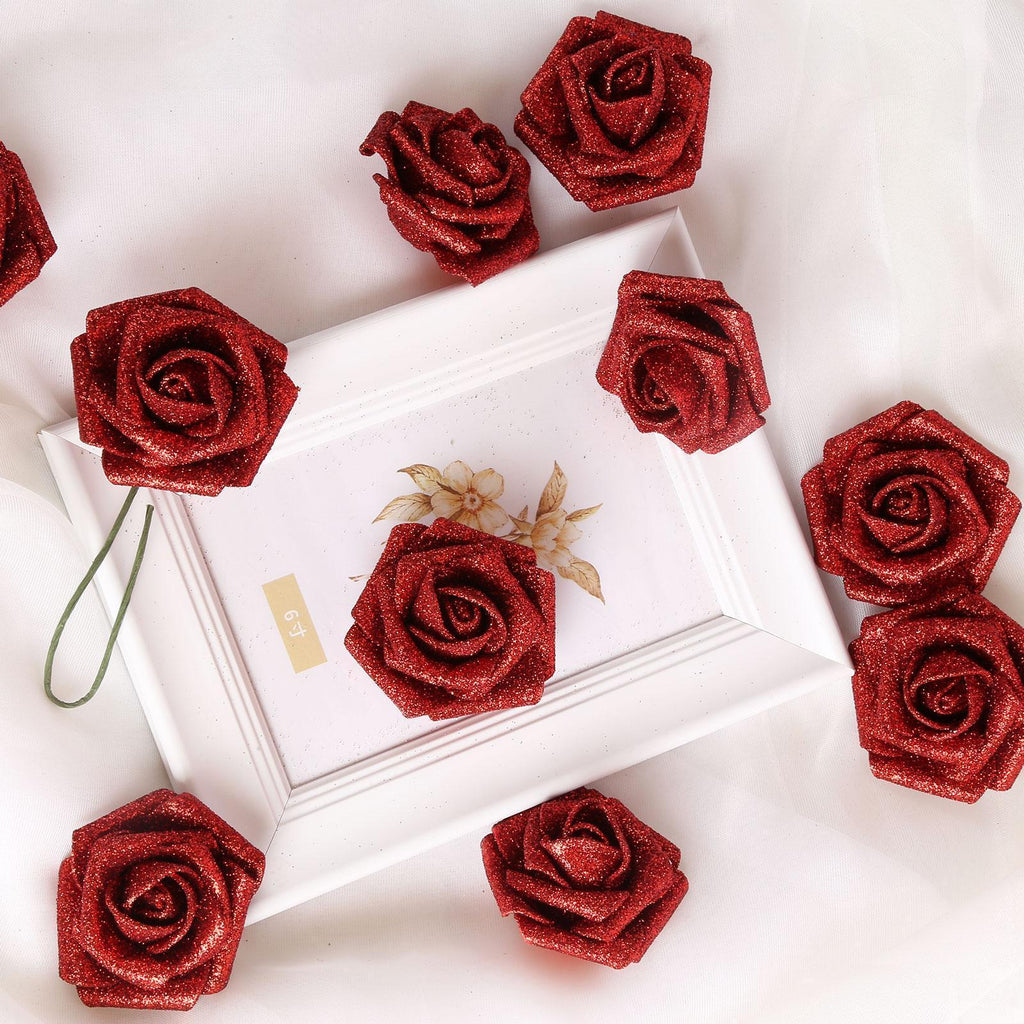 Glitter Foam Rose Artificial Flowers 30pcs 3.15in | Wedding Christmas Valentine's Day & DIY Garland Decor in 15 Colors