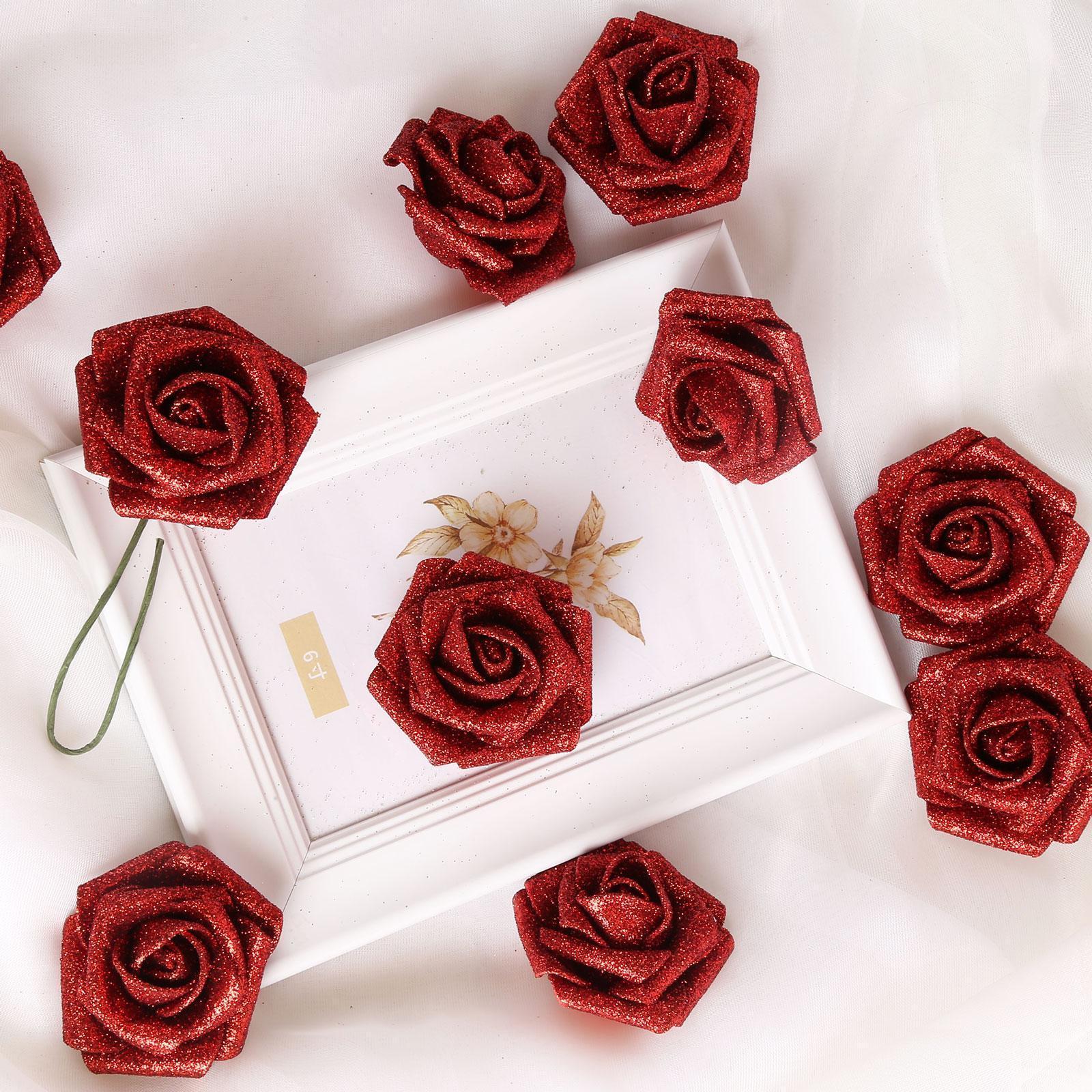 Glitter Foam Rose Artificial Flowers 30pcs 3.15in | Wedding Christmas Valentine's Day & DIY Garland Decor in 15 Colors