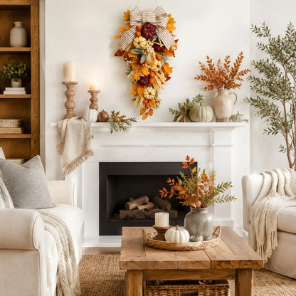 Fall teardrop swag with pumpkins and autumn foliage styled above a fireplace mantel for farmhouse Thanksgiving home decor

