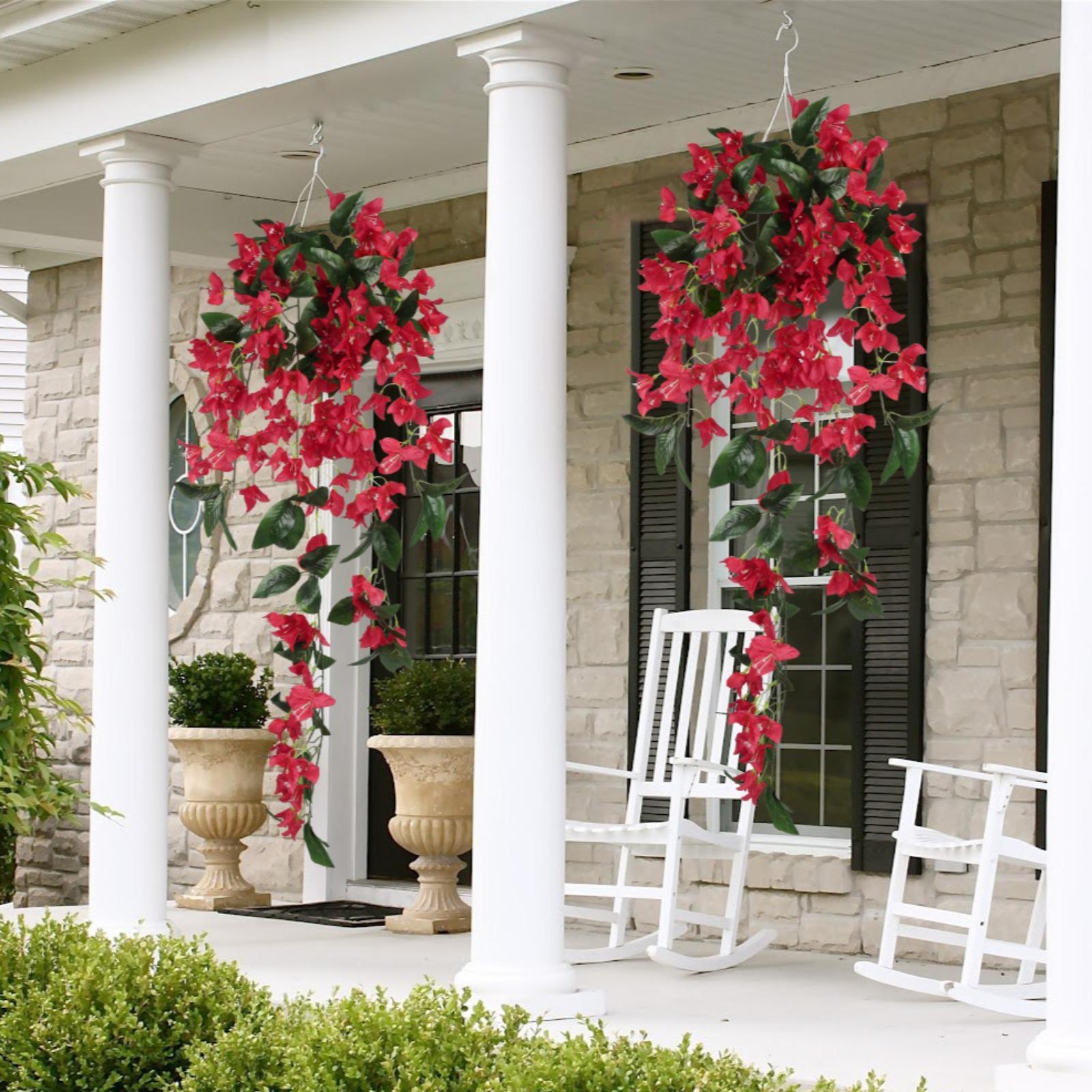 Artificial Bougainvillea Hanging Flowers 2pcs | UV Resistant Faux Garland for Outdoor Garden Porch Eave & Wedding Decor in Red Purple White Pink