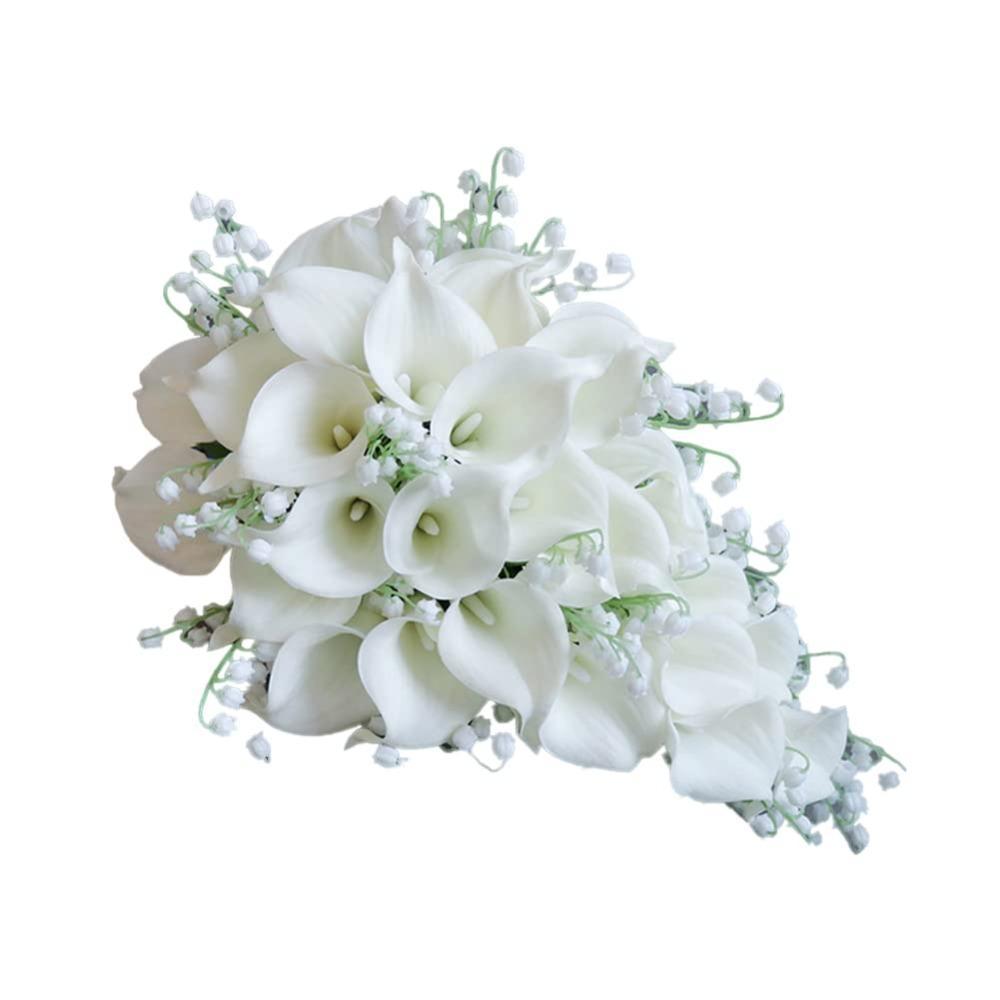 Bride White Burgundy Calla Lily Rose Fake Flowers Wedding Bouquets Artificial Flowers Water Drop Bridal Bouquet for Wedding Bridal Shower Ceremony Anniversary Decor