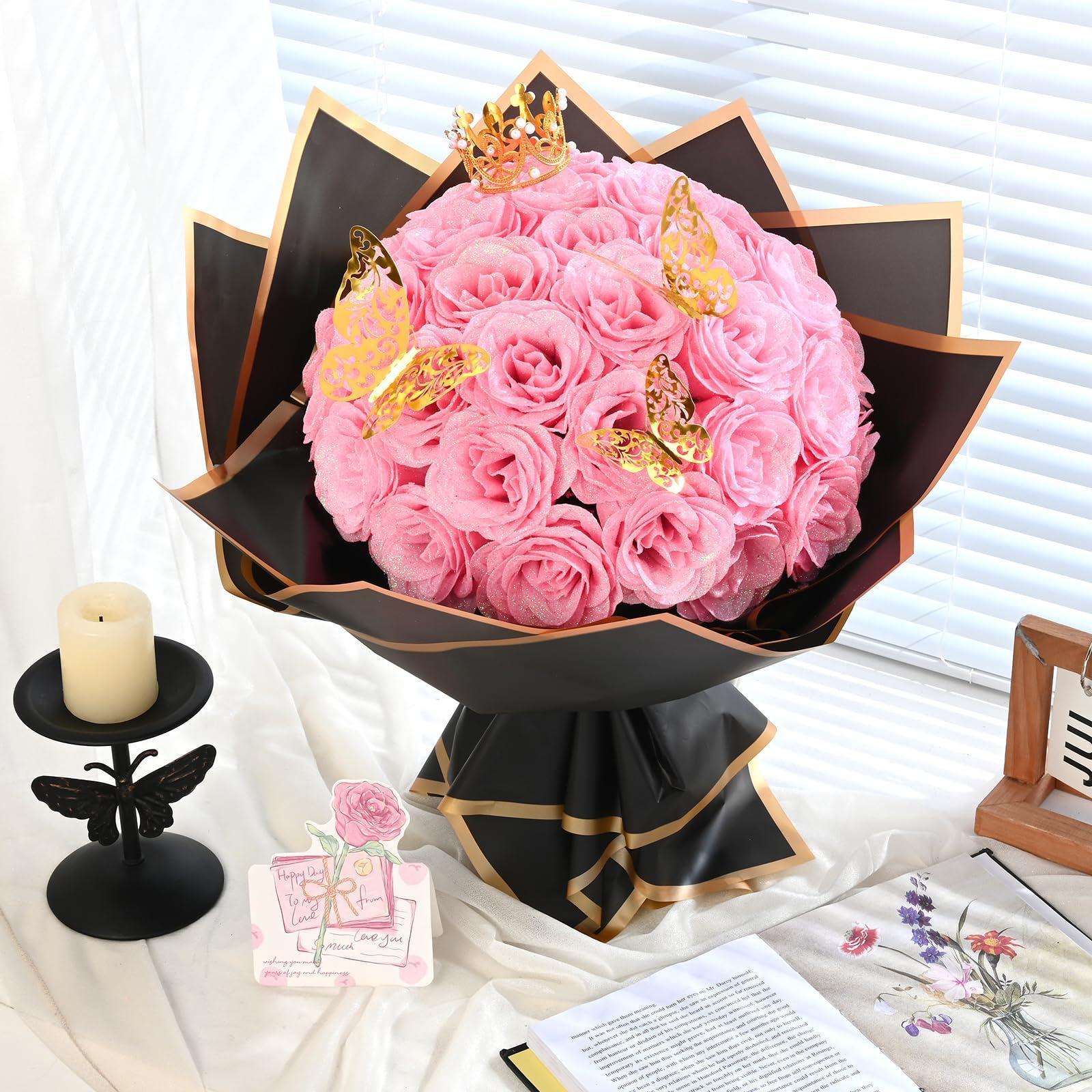 DIY Glitter Rose Bouquet Gift Set 24pcs | Graduation Birthday Gift with Stickers Ribbons Butterflies Crown in 7 Colors (Assembly Required)