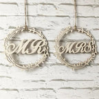 Hanging wooden wedding signs for Mr and Mrs chairs at ceremony and reception