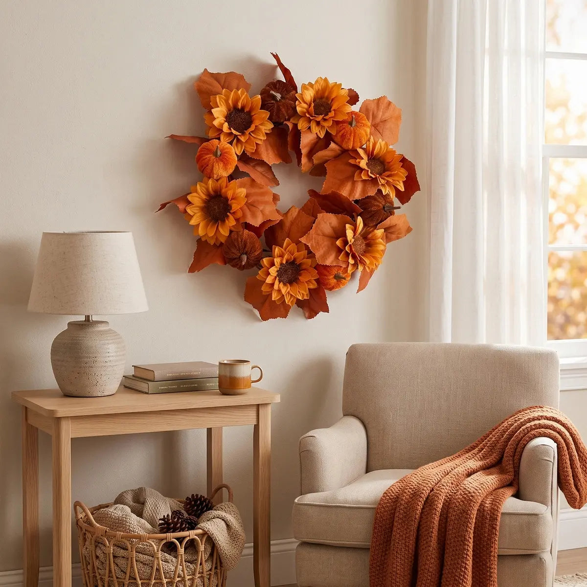 17.7'' artificial sunflower fall wreath with orange autumn foliage displayed on a wall in a cozy living room
