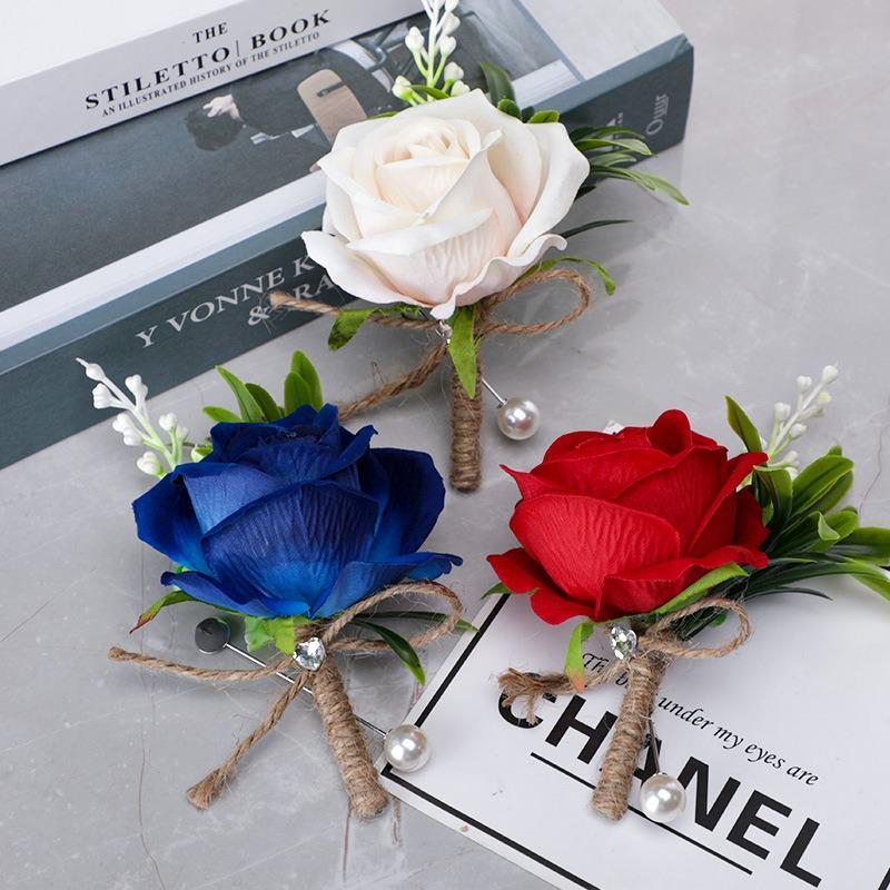 Groom & Groomsmen Boutonniere Brooch Set of 4 | Faux Pearl Wedding Lapel Flowers in Beige Red White Blue