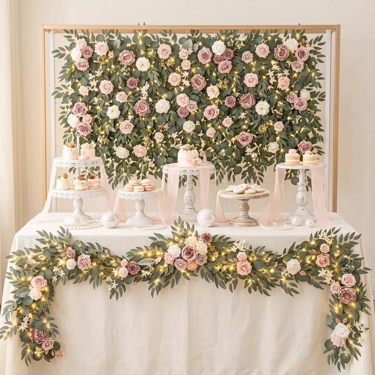 Artificial mauve dusty pink ivory rose eucalyptus garland with LED lights as table skirt and backdrop wall at white wedding dessert table – IPOPU